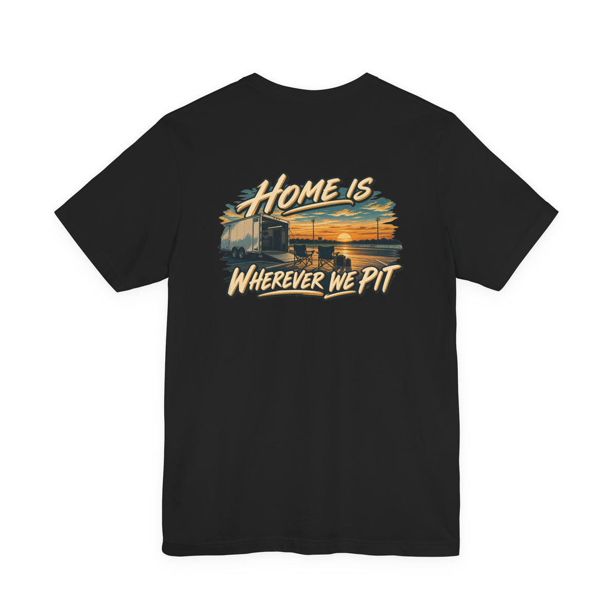Back of black Bella+Canvas 3001 tee showing Home Is Wherever We Pit artwork