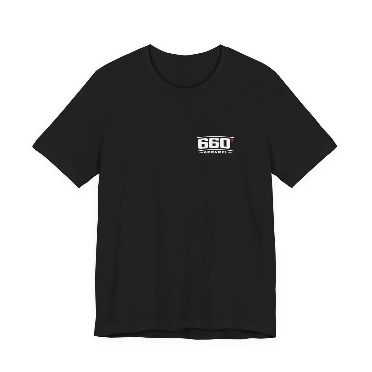 Front of black Bella+Canvas 3001 tee with classic white-and-red 660′ Apparel left-chest logo