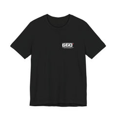 Front of black Bella+Canvas 3001 tee with classic white-and-red 660′ Apparel left-chest logo