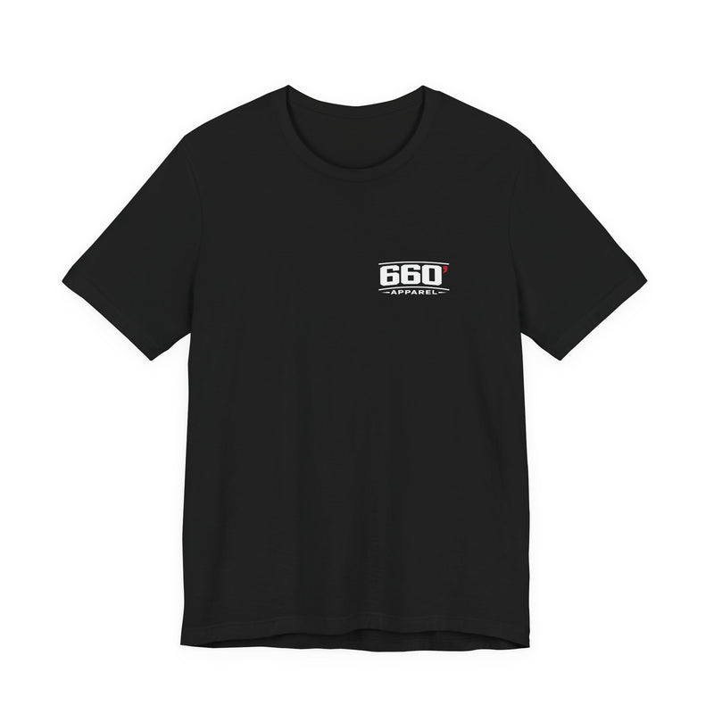 Front of black Bella+Canvas 3001 tee with classic white-and-red 660′ Apparel left-chest logo
