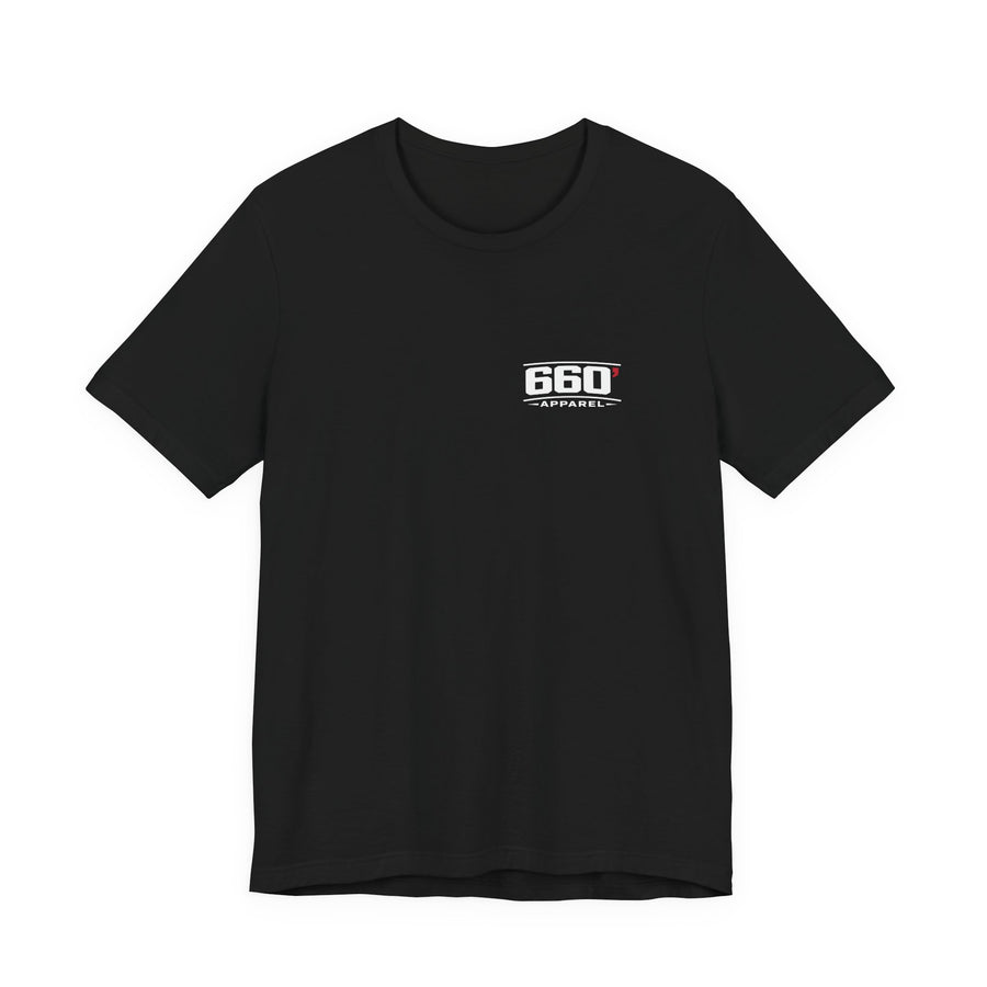 Front of black Bella+Canvas 3001 tee with classic white-and-red 660′ Apparel left-chest logo
