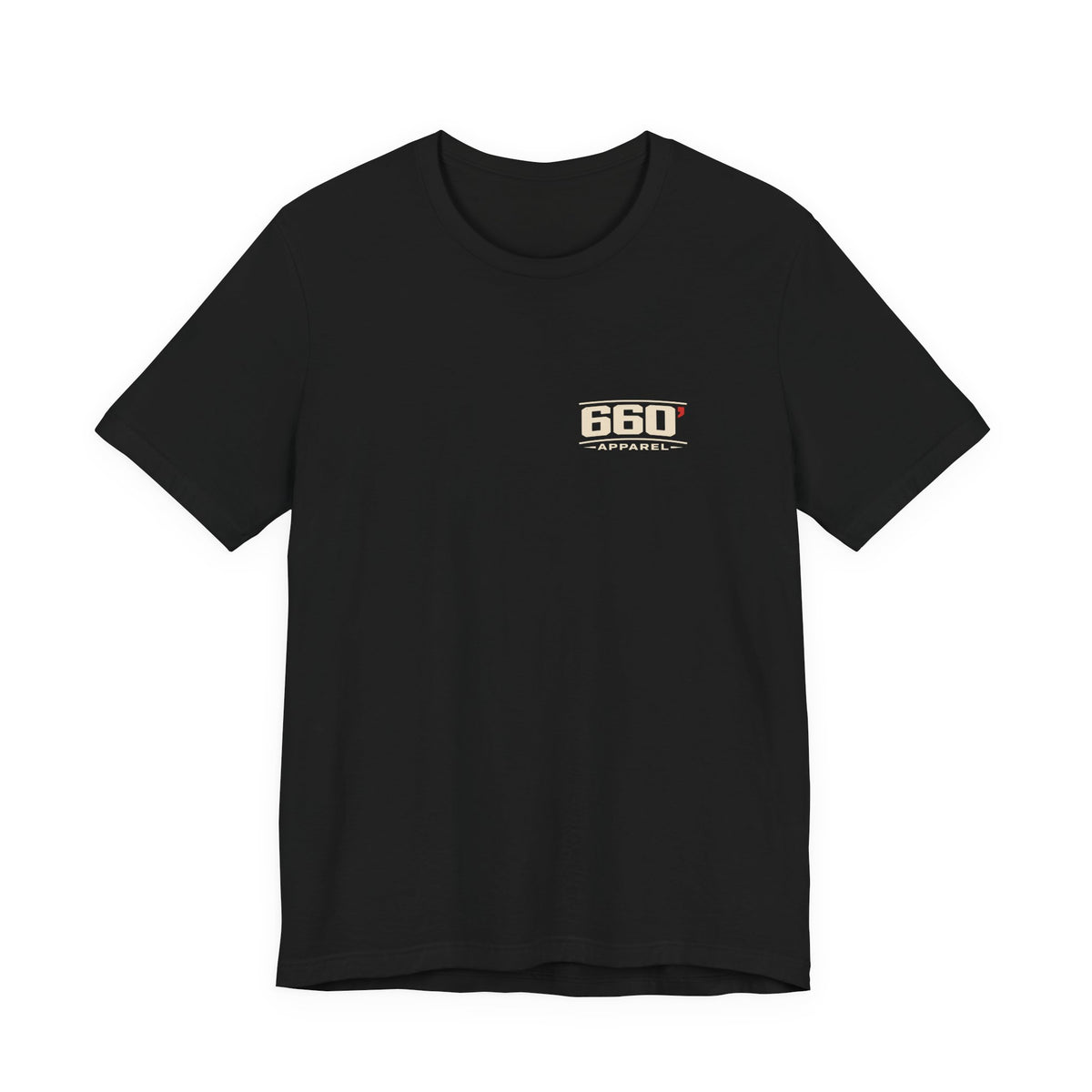Front of black Bella+Canvas 3001 with official cream-and-red 660′ Apparel chest logo