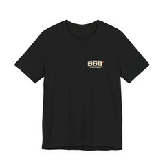 Front of black Bella+Canvas 3001 with official cream-and-red 660′ Apparel chest logo