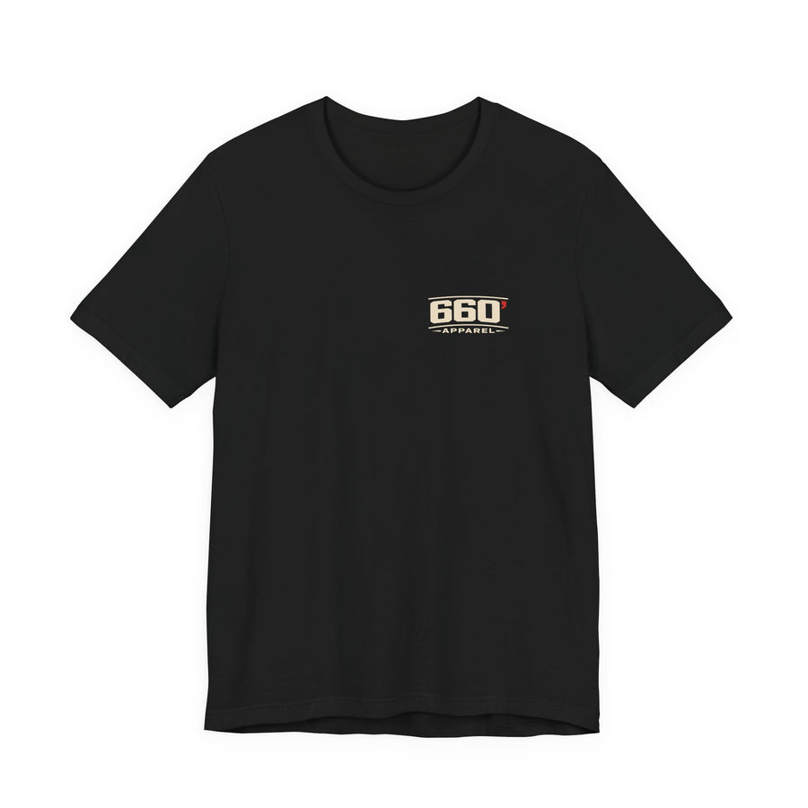 Front of black Bella+Canvas 3001 with official cream-and-red 660′ Apparel chest logo