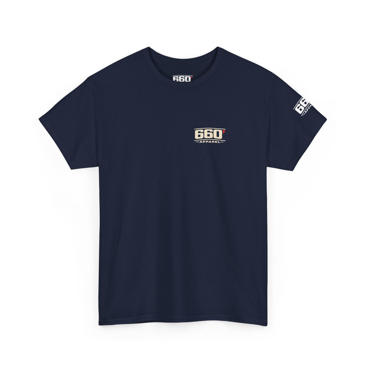 Front of navy Gildan 5000 with official 660′ Apparel chest, sleeve and neck marks