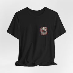 Hanging black Will Race for Bananas tee with a small Garage Built left-chest emblem