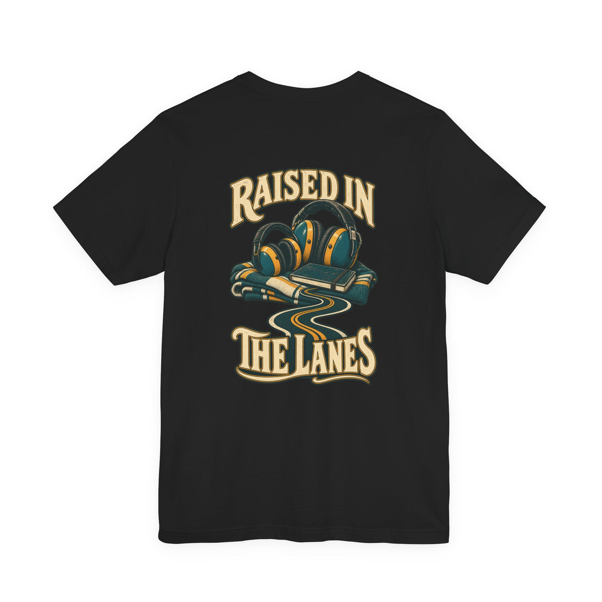 Back of black Bella+Canvas 3001 tee showing Raised in the Lanes artwork