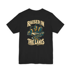 Back of black Bella+Canvas 3001 tee showing Raised in the Lanes artwork