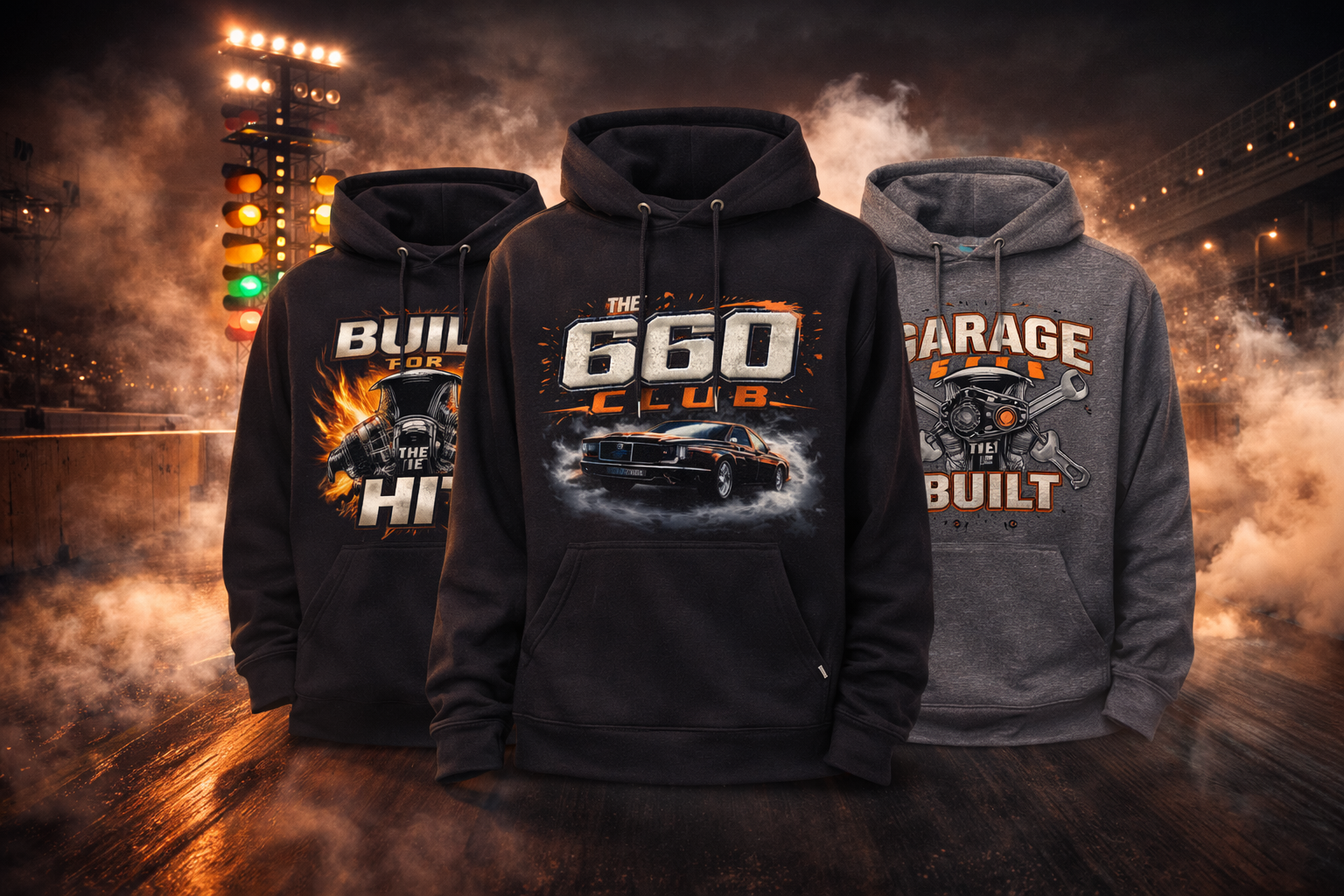 660 Apparel drag racing hoodies inspired by 1/8 mile racing culture with Christmas tree lights and burnout smoke background