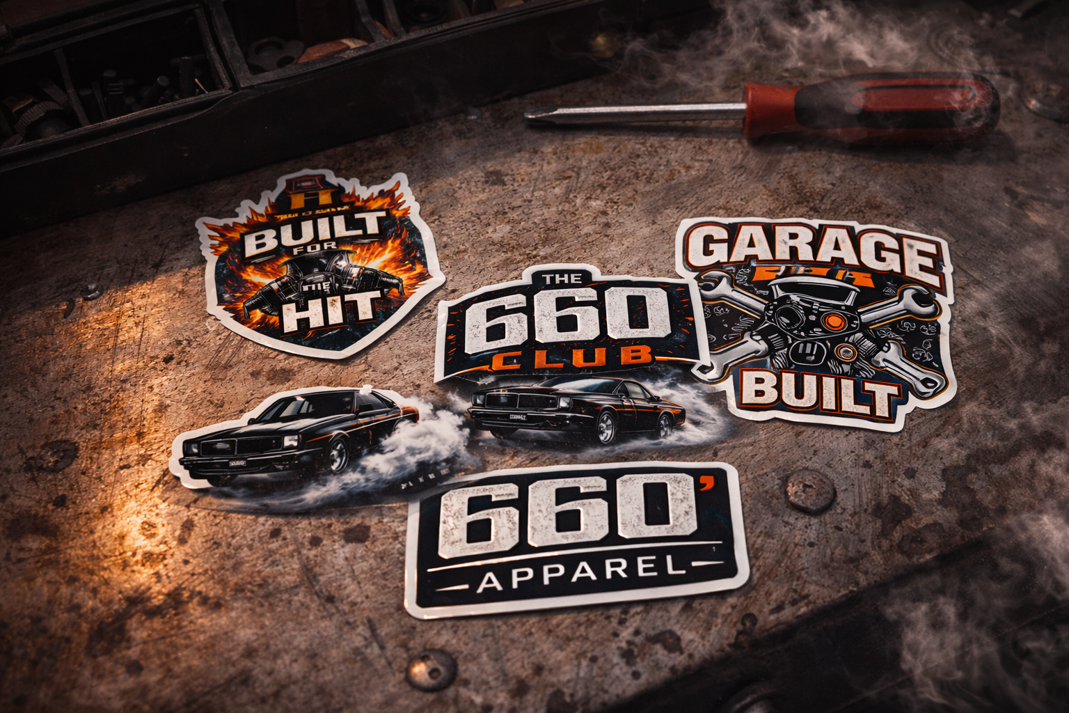 660 Apparel drag racing stickers with burnout cars, racing engines, and 1/8 mile drag strip themed graphics