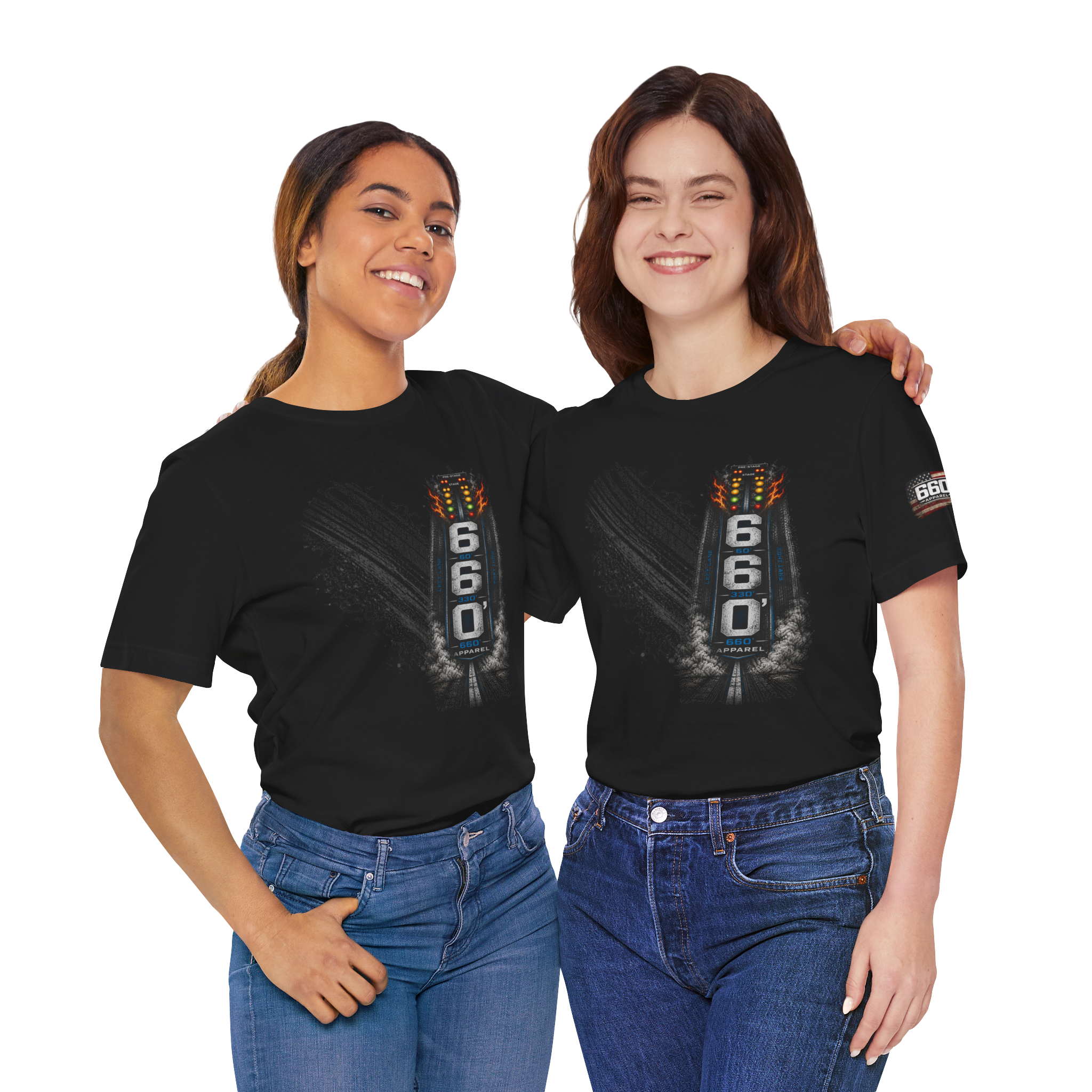 Men and women wearing 660 Apparel drag racing t-shirt in lifestyle setting showing fit and style