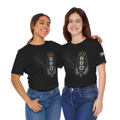 Men and women wearing 660 Apparel drag racing t-shirt in lifestyle setting showing fit and style