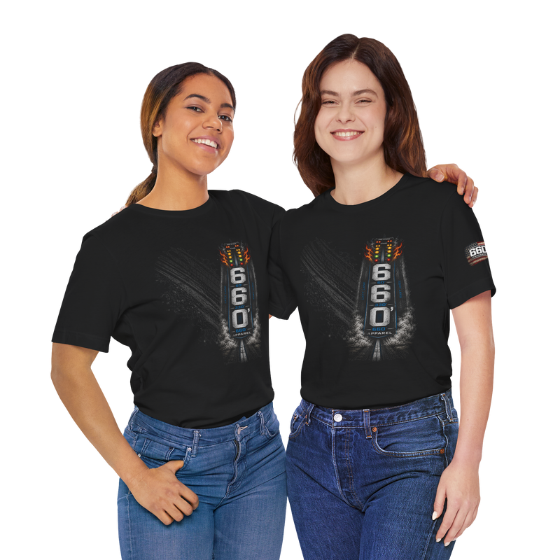 Men and women wearing 660 Apparel drag racing t-shirt in lifestyle setting showing fit and style