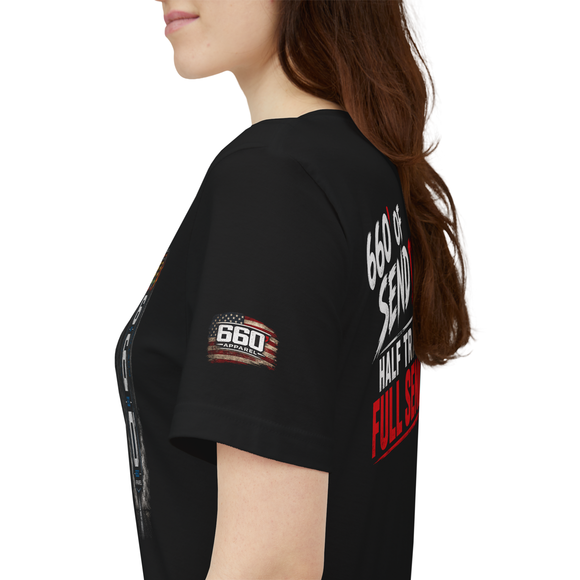 Side view of 660 drag racing t-shirt showing sleeve logo detail and fit on model