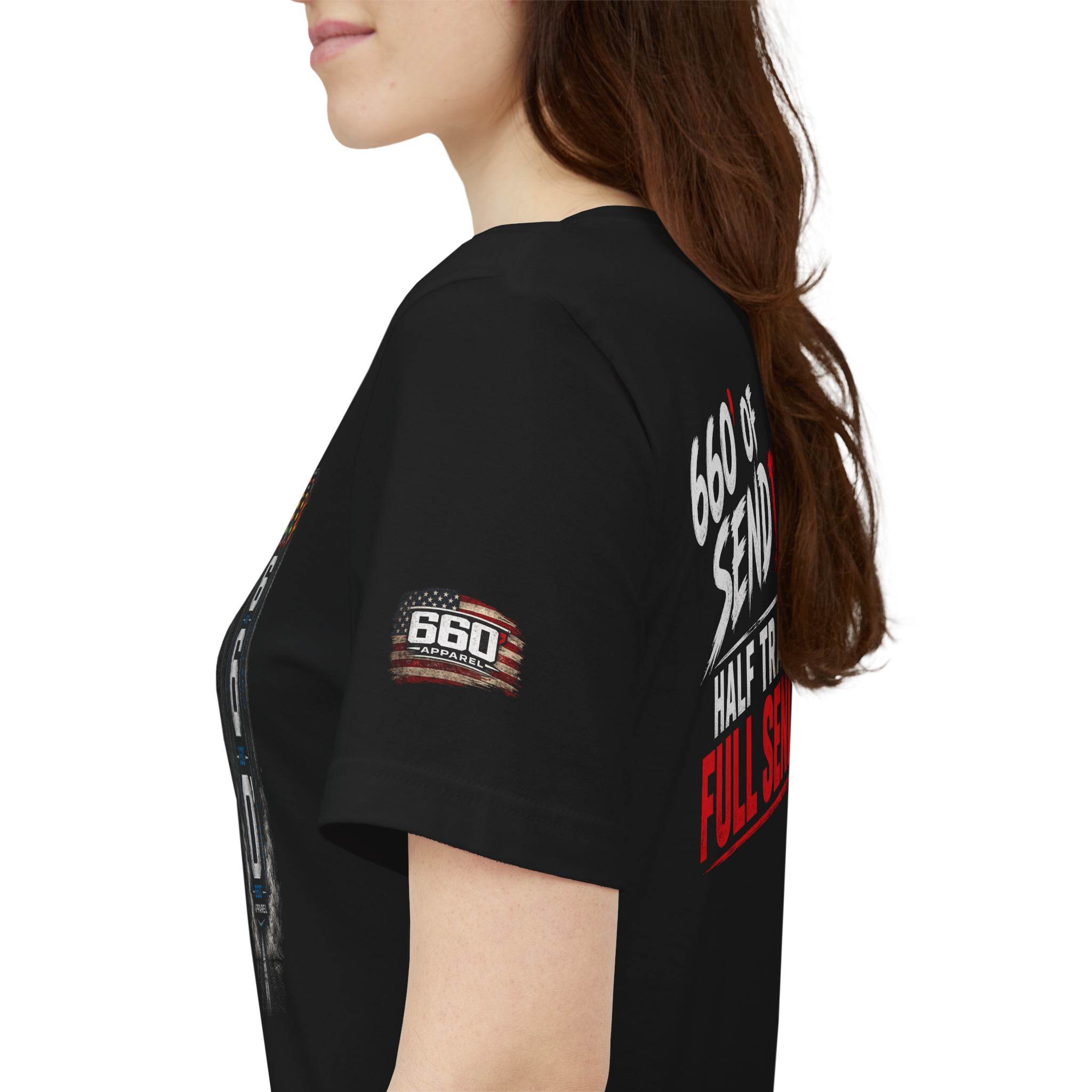 Side view of 660 drag racing t-shirt showing sleeve logo detail and fit on model