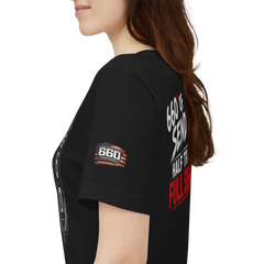 Side view of 660 drag racing t-shirt showing sleeve logo detail and fit on model