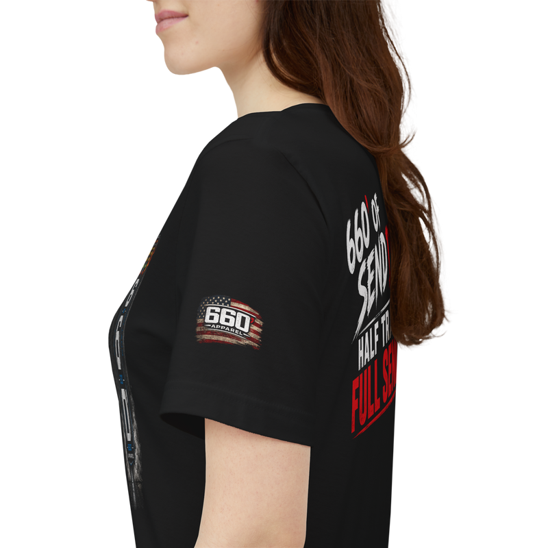 Side view of 660 drag racing t-shirt showing sleeve logo detail and fit on model