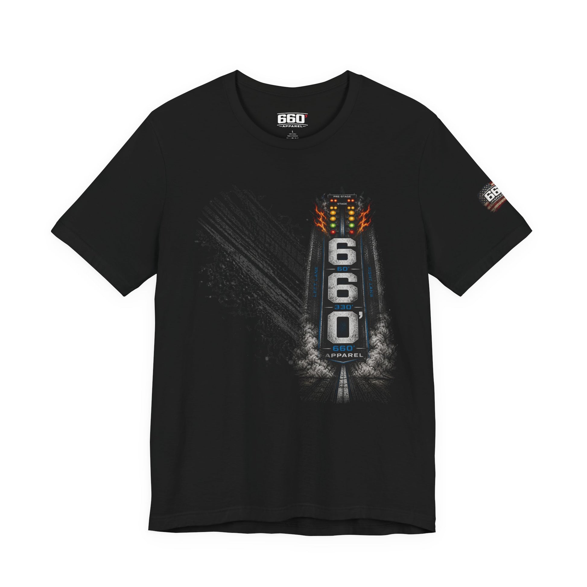 Front graphic of 660 foot drag racing shirt with vertical drag strip design and tire smoke detail