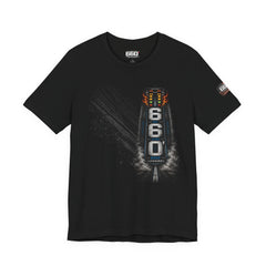 Front graphic of 660 foot drag racing shirt with vertical drag strip design and tire smoke detail