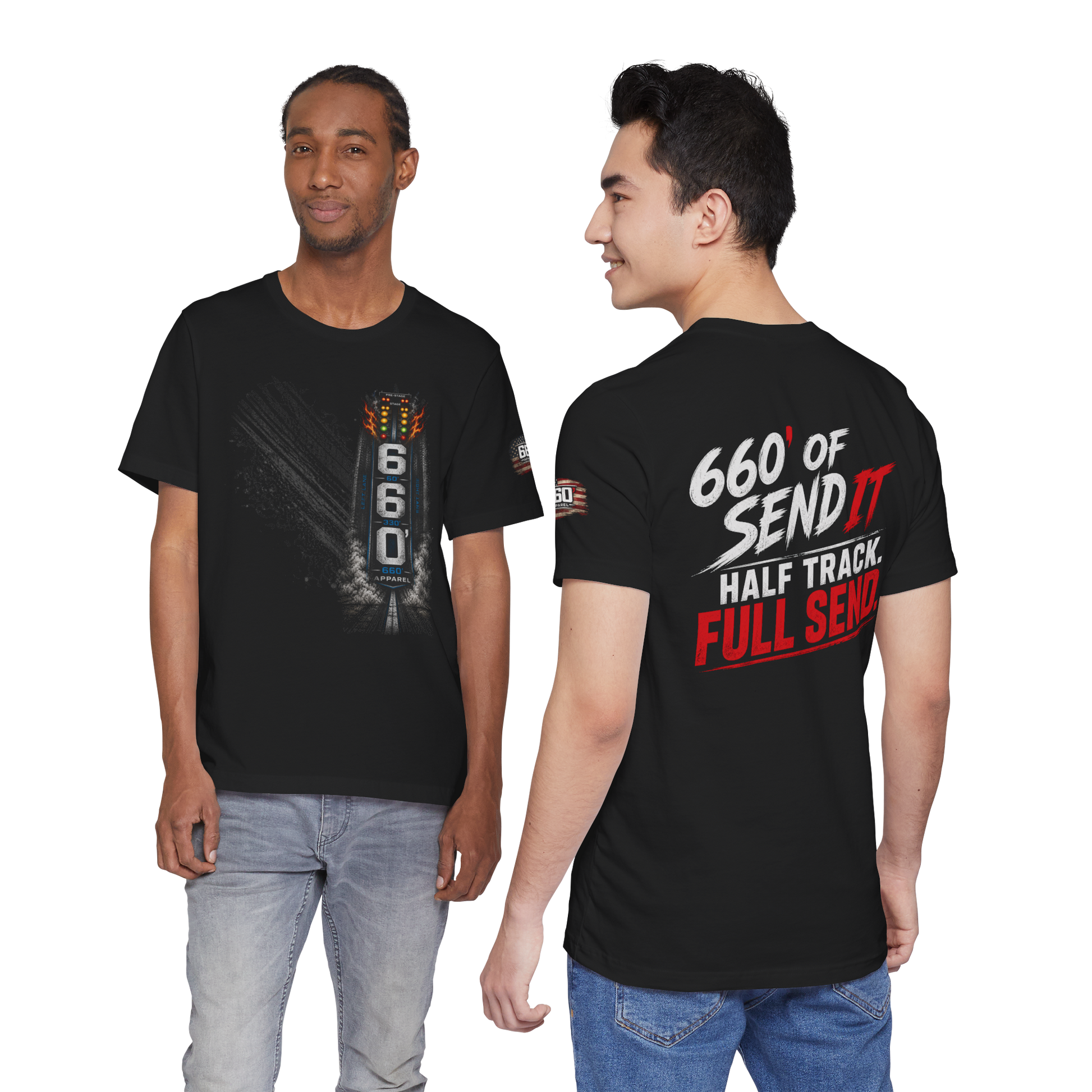 660’ Apparel drag racing t-shirt front and back view on model featuring 660 of Send It and Half Track Full Send design
