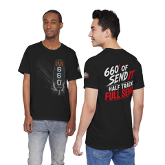 660’ Apparel drag racing t-shirt front and back view on model featuring 660 of Send It and Half Track Full Send design