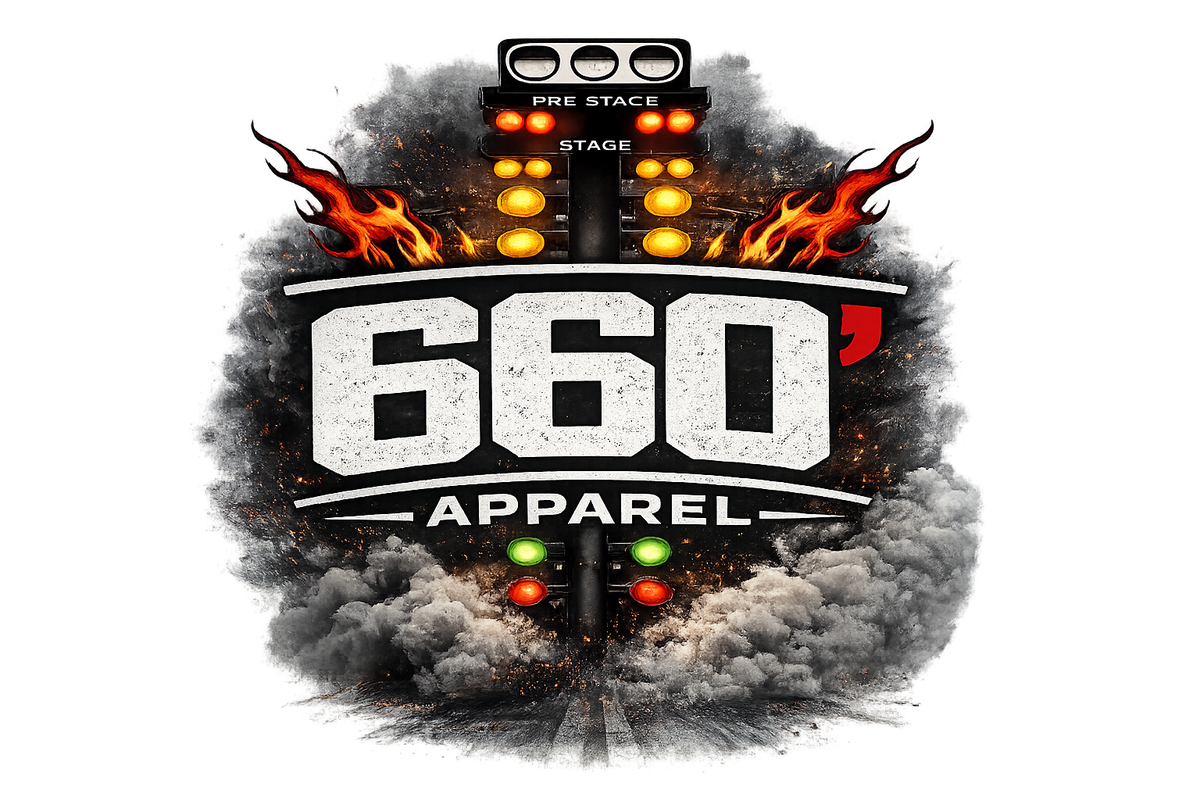 660 Apparel artwork with drag racing starting lights, flames and smoke.