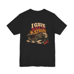 Black Bella+Canvas 3001 back mockup with I Gave Back the Stripe vintage dragster finish-line illustration