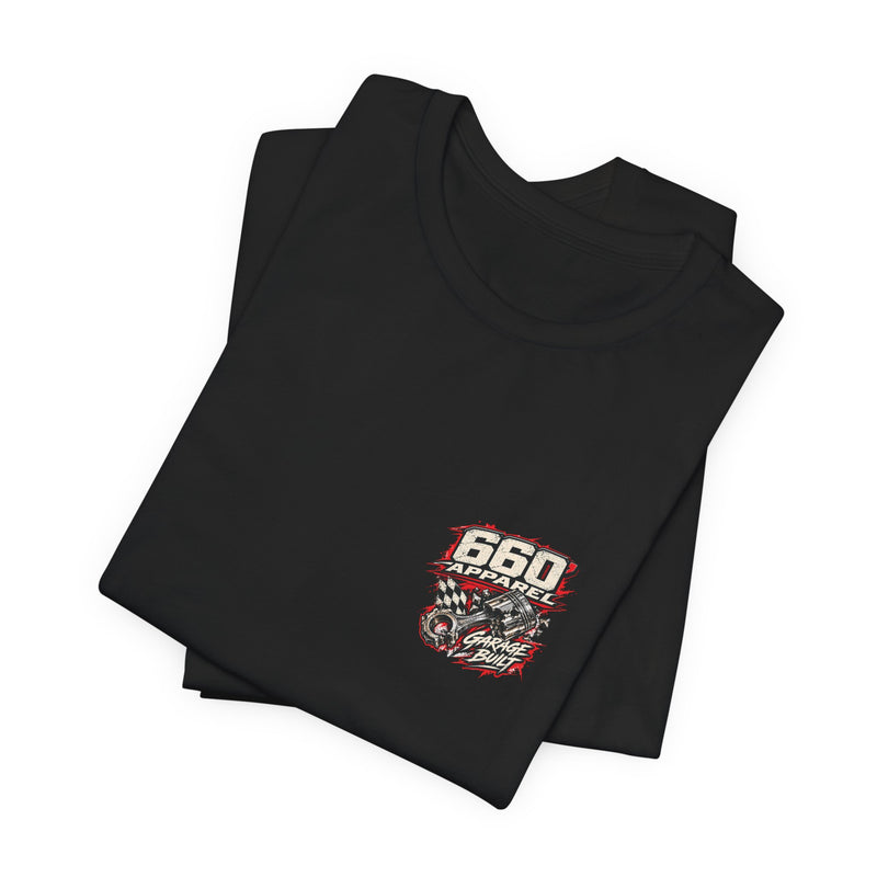 Folded black Will Race for Bananas tee showing the 660′ Apparel Garage Built chest emblem