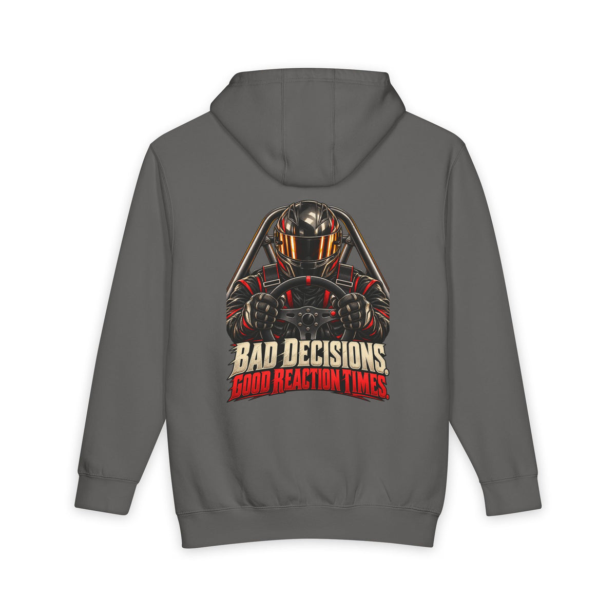 storm back of Lane Seven heavyweight hoodie — Bad Decisions. Good Reaction Times. artwork