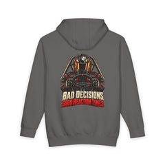storm back of Lane Seven heavyweight hoodie — Bad Decisions. Good Reaction Times. artwork