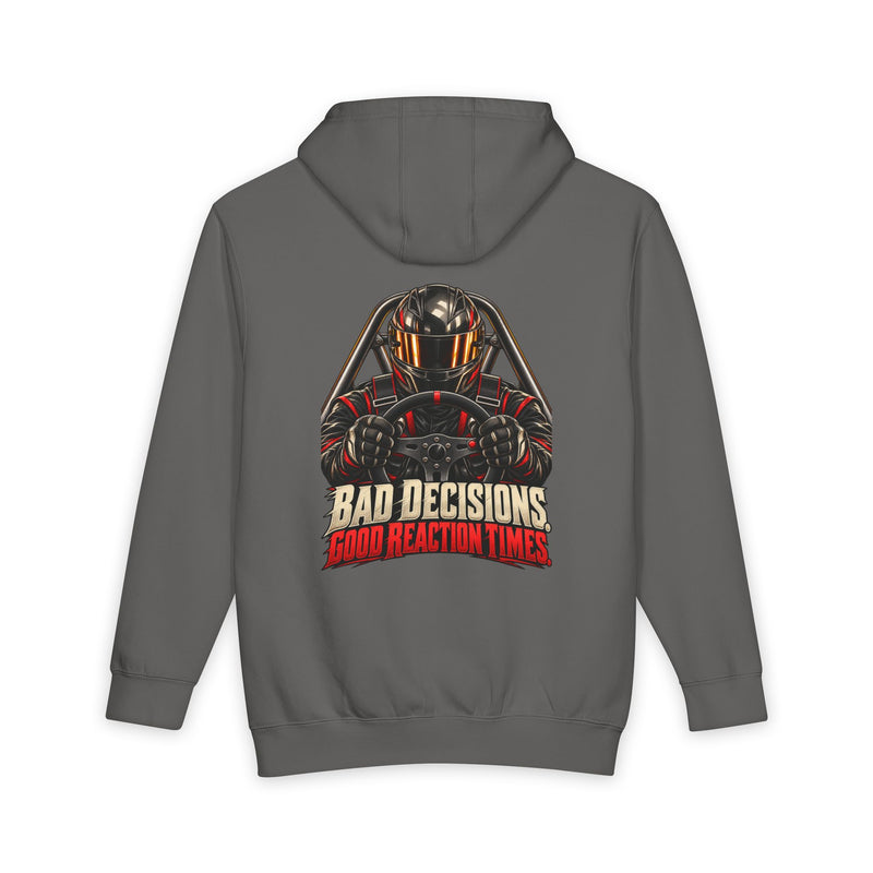 storm back of Lane Seven heavyweight hoodie — Bad Decisions. Good Reaction Times. artwork