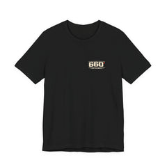 Front of black Bella+Canvas 3001 tee with small cream-and-red official 660 Apparel left-chest mark
