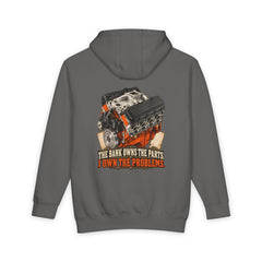 storm back of Lane Seven heavyweight hoodie — The Bank Owns the Parts. I Own the Problems. artwork