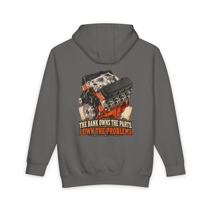 storm back of Lane Seven heavyweight hoodie — The Bank Owns the Parts. I Own the Problems. artwork
