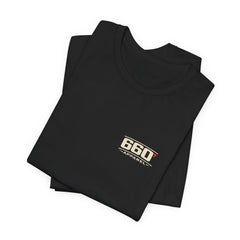 Folded black No Interior. Plenty of Issues. tee with official 660′ Apparel chest logo