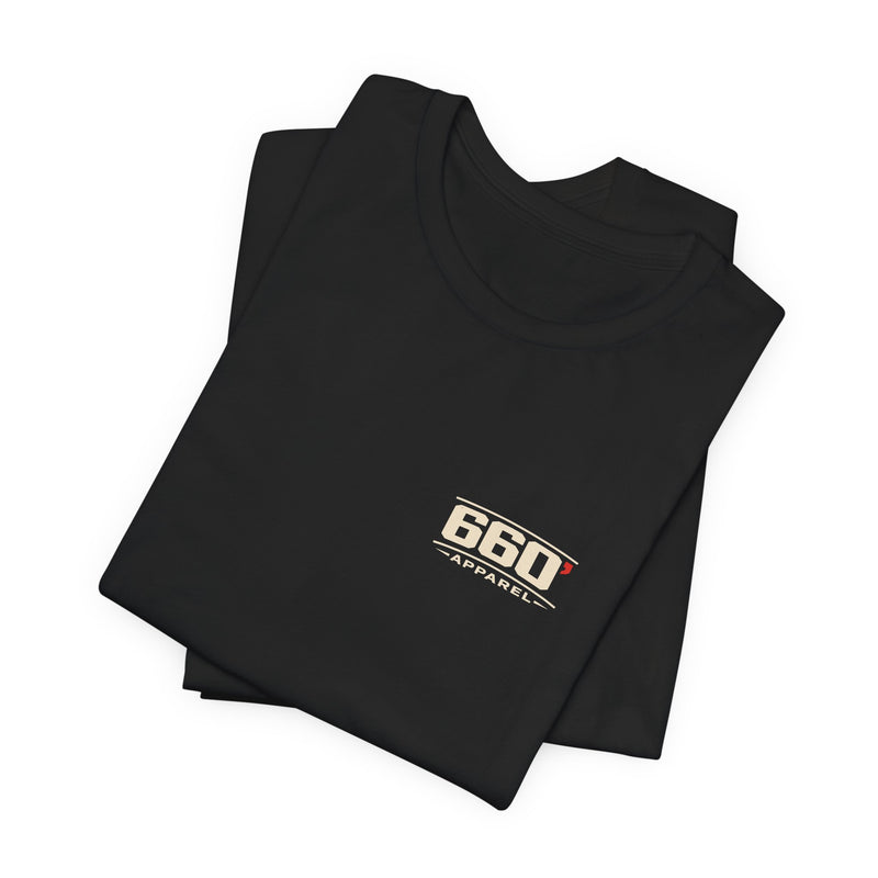 Folded black No Interior. Plenty of Issues. tee with official 660′ Apparel chest logo