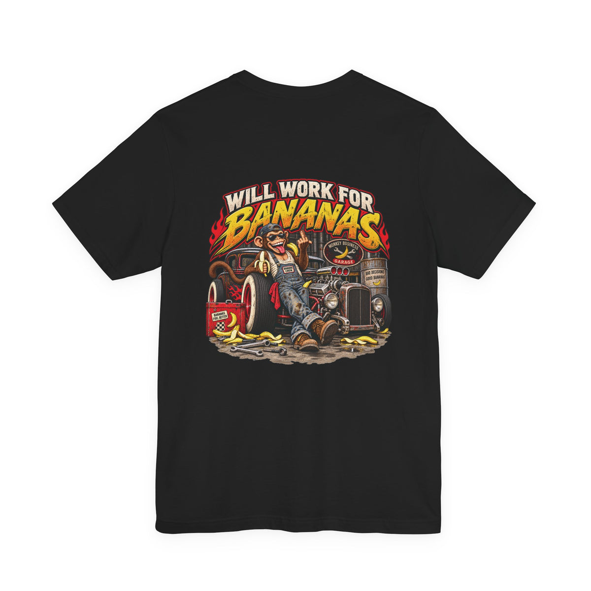 Back of black Will Work for Bananas tee with monkey mechanic, hot rod, garage tools and banana graphic
