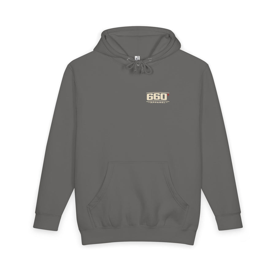 storm front of Lane Seven heavyweight hoodie — official 660′ Apparel left-chest mark