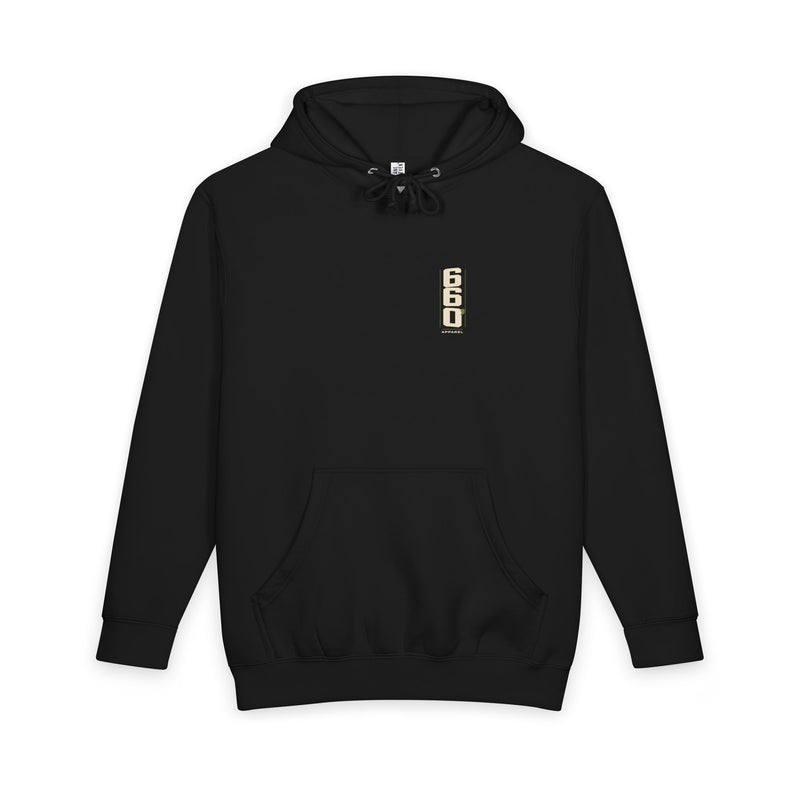 black front of Lane Seven heavyweight hoodie — official 660′ Apparel left-chest mark