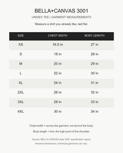 Bella+Canvas 3001 garment measurements in inches for sizes XS through 4XL; flat chest width and body length.