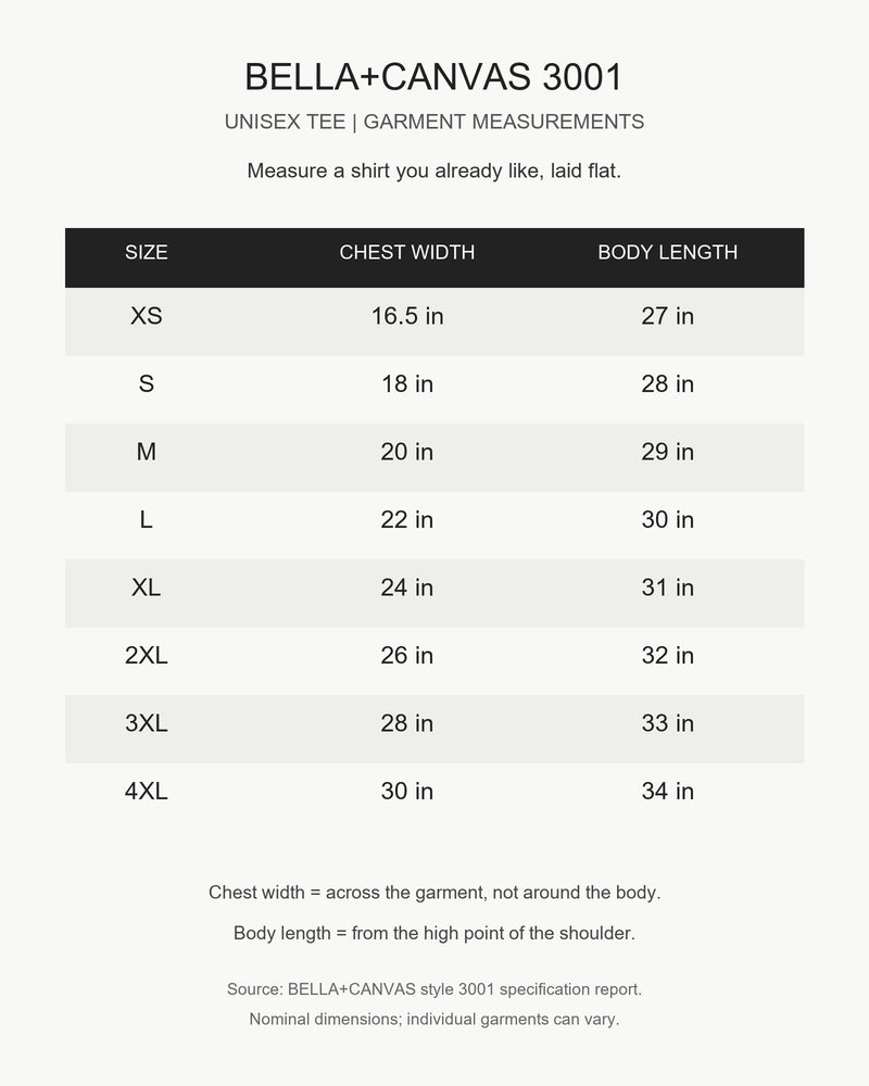 Bella+Canvas 3001 garment measurements in inches for sizes XS through 4XL; flat chest width and body length.