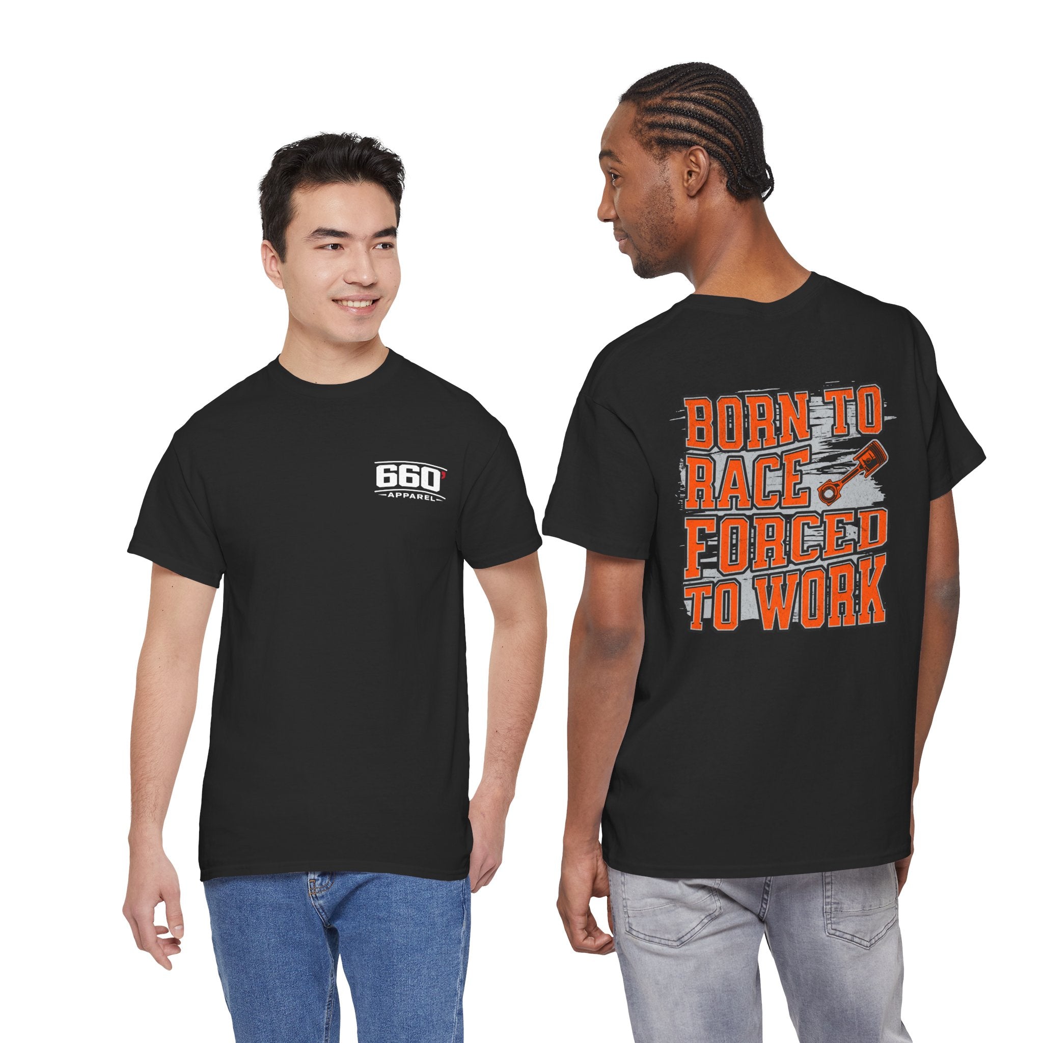 Born To Race Forced To Work drag racing t-shirt with piston graphic by 660 Apparel