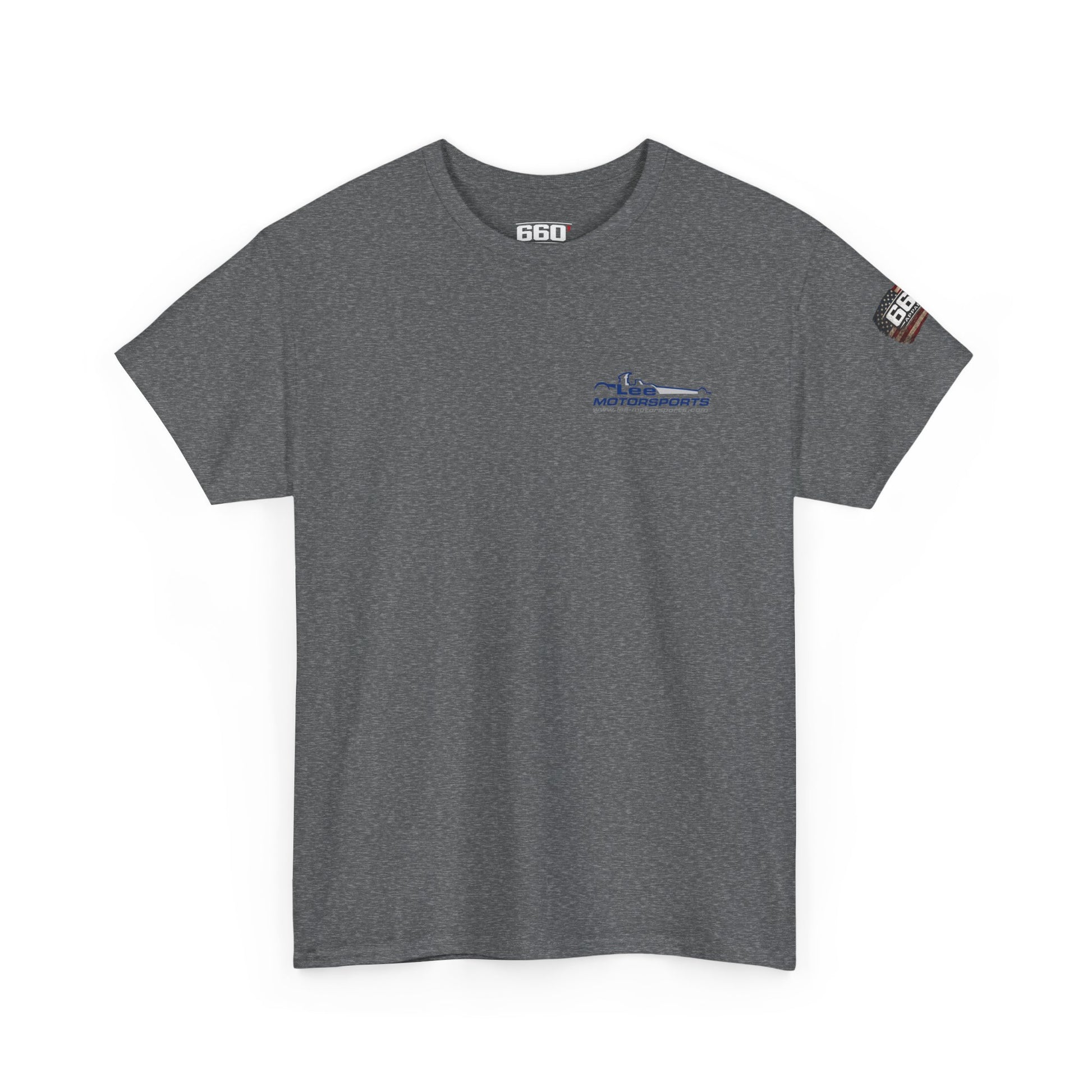 Front view of Fuel Factory drag racing t-shirt in gray with motorsports performance graphic