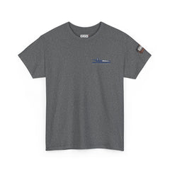 Front view of Fuel Factory drag racing t-shirt in gray with motorsports performance graphic