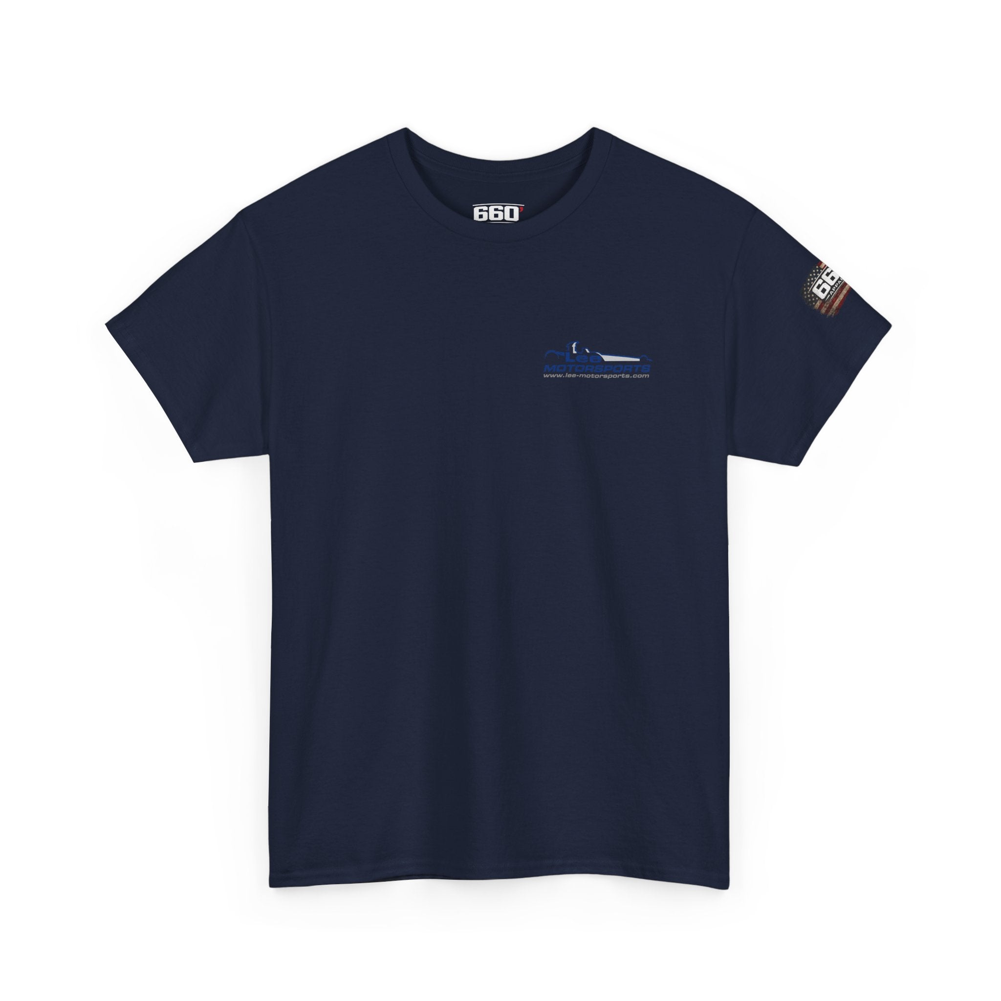 Front view of Fuel Factory drag racing t-shirt in navy blue with high performance racing graphic