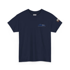 Front view of Fuel Factory drag racing t-shirt in navy blue with high performance racing graphic