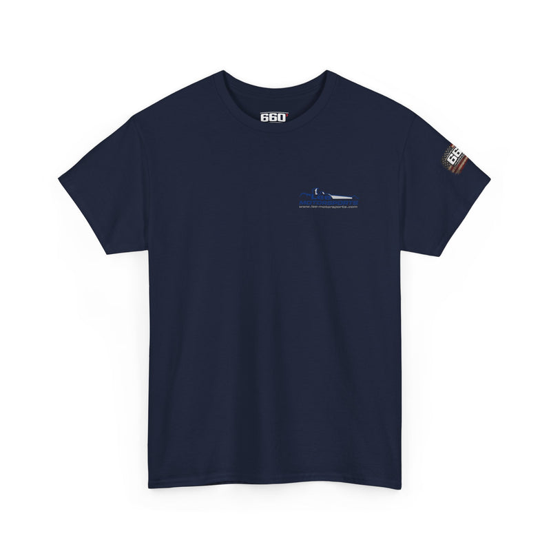 Front view of Fuel Factory drag racing t-shirt in navy blue with high performance racing graphic