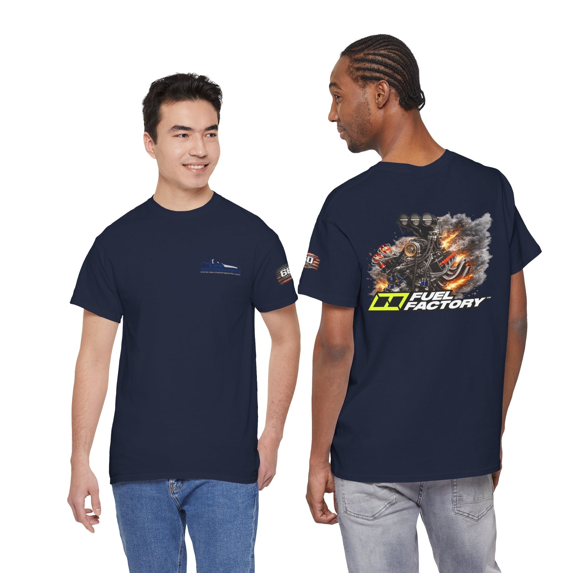 Fuel Factory Lee Motorsports drag racing t-shirt front and back view on models featuring performance racing graphic design