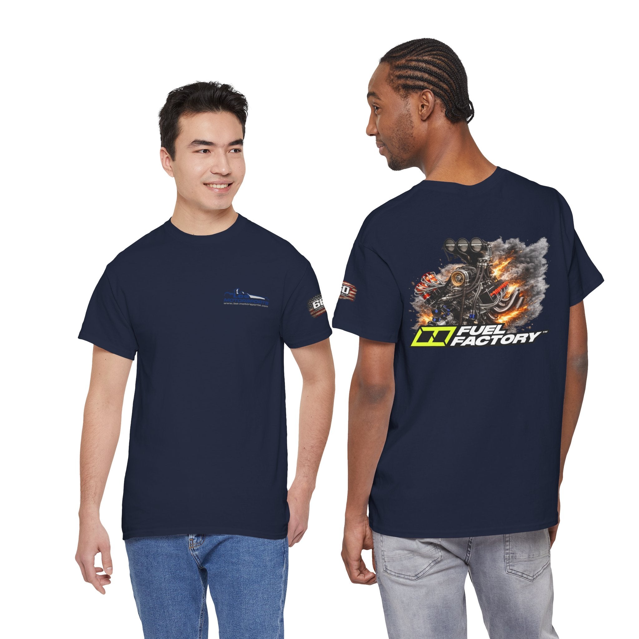 Fuel Factory Lee Motorsports drag racing t-shirt front and back view on models featuring performance racing graphic design