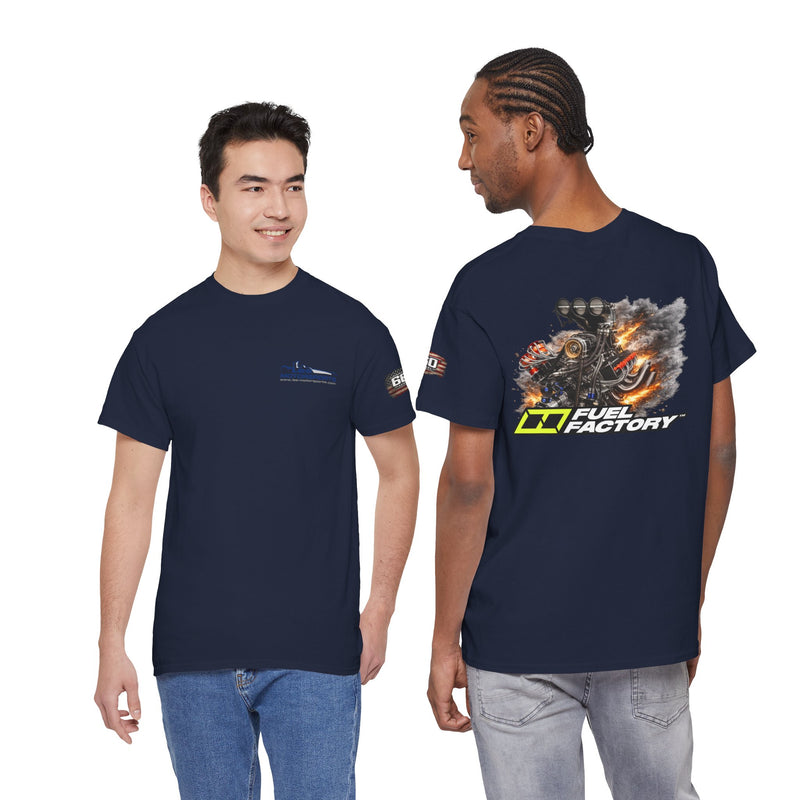 Fuel Factory Lee Motorsports drag racing t-shirt front and back view on models featuring performance racing graphic design